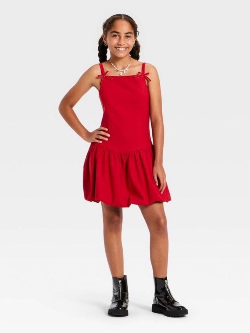 Art of Class Drop Waist Bubble Hem Red Bow-Detail Casual Sundress
